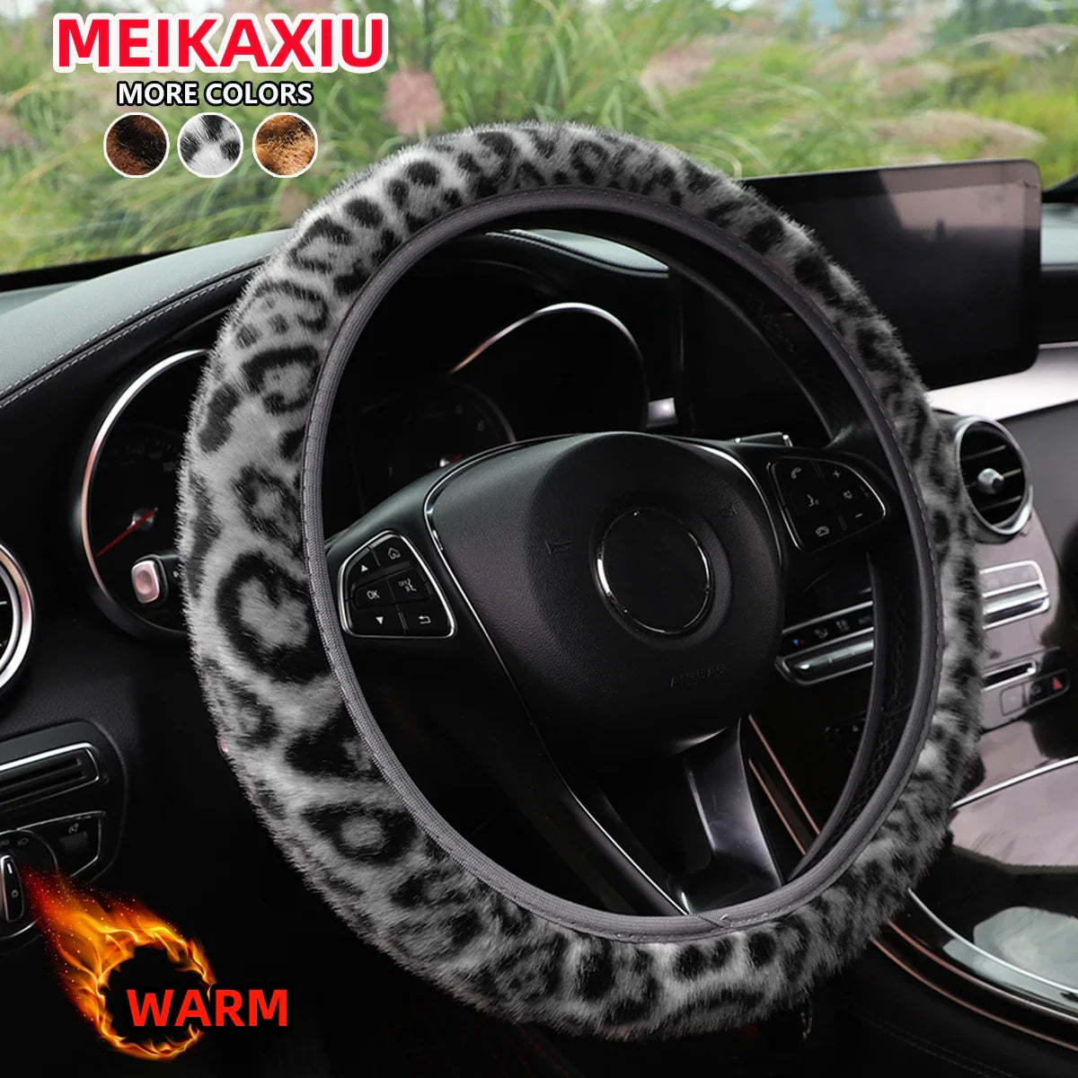 Pokrowiec na kierownicę z futerkiem w panterkę, bez pierścienia