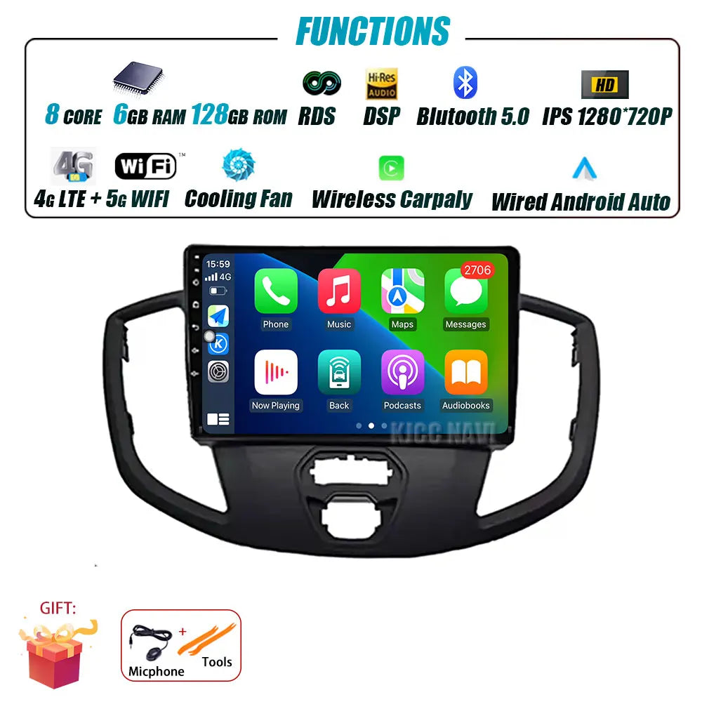 Radio Android 14 Carplay do Ford Transit 2015-2018