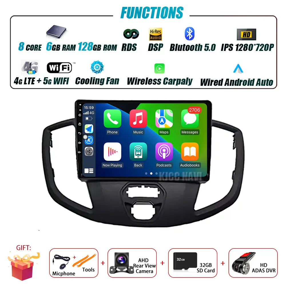 Radio Android 14 Carplay do Ford Transit 2015-2018